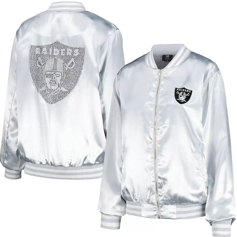 NFL Team Apparel Las Vegas Raiders Silver Rhinestone Varsity Jacket